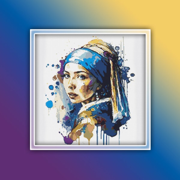 Girl with Pearl Earring Cross Stitch Pattern 1 Instant PDF Download - Woman Watercolor Cross Stitch Pattern - Modern Girl with Pearl Earring