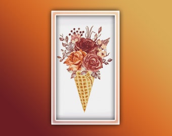 Autumn Rose Ice Cream Cross Stitch Pattern 6 Instant PDF Download | Flowers Watercolor Cross Stitch Pattern | Sugar Cone | Floral Ice Cream