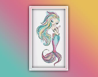 Zeemeermin kruissteekpatroon 5 Instant pdf-download - zeemeermin aquarel kruissteek - paars haar zeemeermin voor kinderkamer