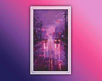 Patrón de punto de cruz de paisaje urbano en PDF para descarga instantánea - Patrón de punto de cruz de acuarela "Lluvia en las carreteras" - Coches, vehículos y tráfico