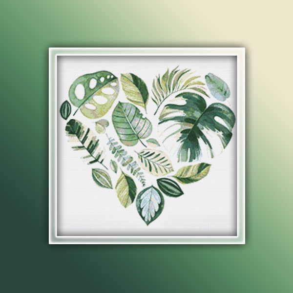 Leaf Heart Cross Stitch Pattern Instant Download Instant PDF Download | Flowers Watercolor Cross Stitch Pattern | Green Monstera Leaves