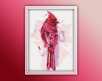 May include: A red cardinal bird with a white background. The bird is in a watercolor style with splashes of pink and purple.