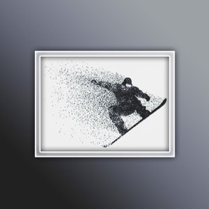 May include: A black and white silhouette of a snowboarder in mid-air, with a trail of dots behind them, creating a sense of motion. The image is framed in a white frame.