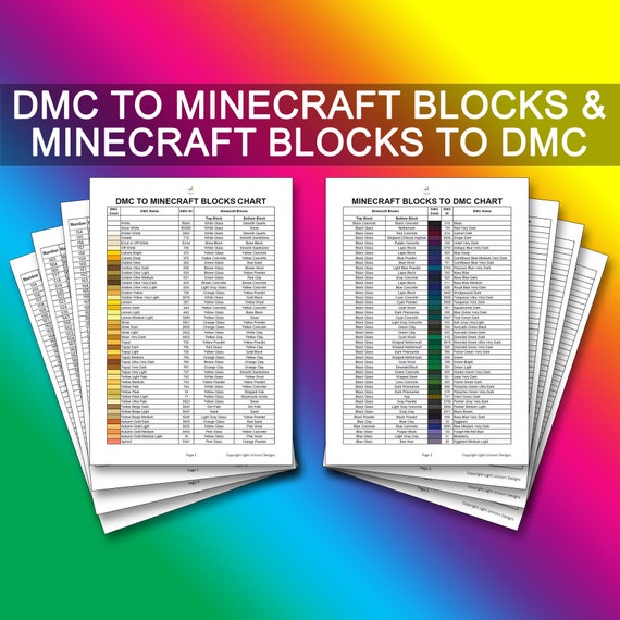 DMC To Minecraft Blocks Conversion Chart PDF Instant Download.