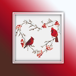 Cardinals Heart Cross Stitch Pattern 1 Instant PDF Download - Cardinalidae Watercolor Cross Stitch Pattern - Cardinal Bird Cross Stitch