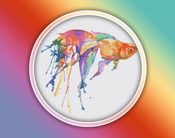 May include: A colourful watercolour painting of a goldfish with splashes of paint in the background. The goldfish is orange, yellow, and red, and the paint is a variety of colours, including blue, green, purple, and yellow.