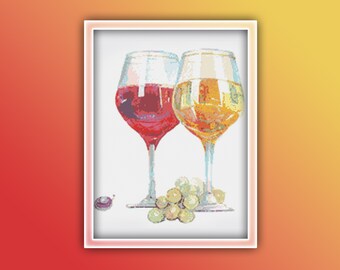 May include: Two wine glasses, one filled with red wine and the other with white wine, are sitting on a white surface with a bunch of green grapes in front of them.