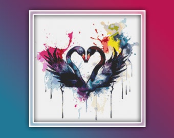 Black Swan Heart Cross Stitch Pattern 2 Instant PDF Download - Swan Watercolor Cross Stitch Pattern - Bird Cross Stitch Pattern