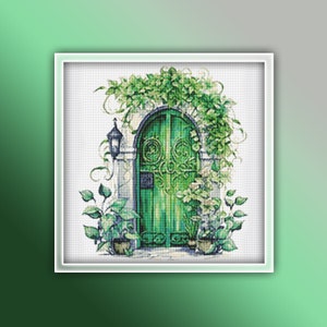Green Door Cross Stitch Pattern 1 Instant PDF Download - Green Door Watercolor Cross Stitch Pattern - Emerald
