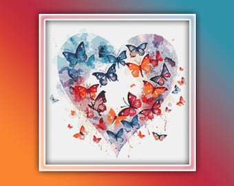 Butterfly Heart Cross Stitch Pattern 2 Instant PDF Download - Butterfly Watercolor Cross Stitch Pattern - Heart Flowers