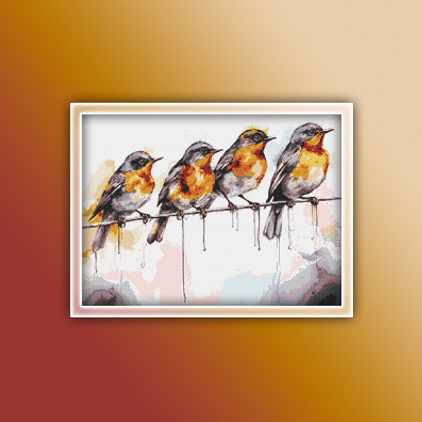 American Robins on a wire Cross Stitch Pattern 1 Instant PDF Download - Orange Bird Watercolor Cross Stitch Pattern - Bird Cross Stitch