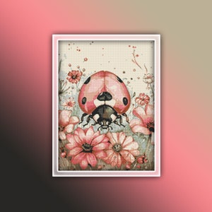 May include: A pink and black ladybug with black spots on its wings is perched on pink flowers with green stems and leaves. The background is a light beige with a watercolour effect.