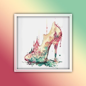 May include: A watercolor painting of a high-heeled shoe with a castle design. The shoe is painted in shades of pink, blue, and green.