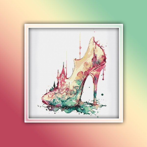 Fairy Tale Shoe Cross Stitch Pattern 1 Instant PDF Download - Lady Shoes Watercolor Cross Stitch Pattern - High Heel Women Shoe - Cinderella