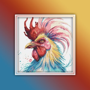 Rooster Cross Stitch Pattern 2 Instant PDF Download - Chicken Watercolor Cross Stitch Pattern - Bird Cross Stitch