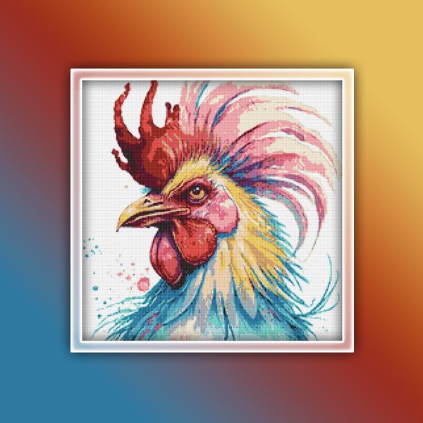 Rooster Cross Stitch Pattern 2 Instant PDF Download - Chicken Watercolor Cross Stitch Pattern - Bird Cross Stitch