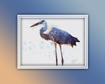 Bird Cross Stitch Pattern Instant PDF Download - Bird Watercolor Cross Stitch Pattern - Bird Cross Stitch Pattern - Blue Heron