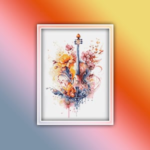 Può includere: Un dipinto ad acquerello di un violino con fiori e schizzi di colore. Il violino è blu e arancione, e i fiori sono gialli, rosa e arancioni.