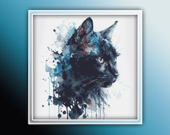 Black Cat Cross Stitch Pattern 2 Instant PDF Download - Black Cat Watercolor Cross Stitch Pattern - Animal Cross Stitch Pattern