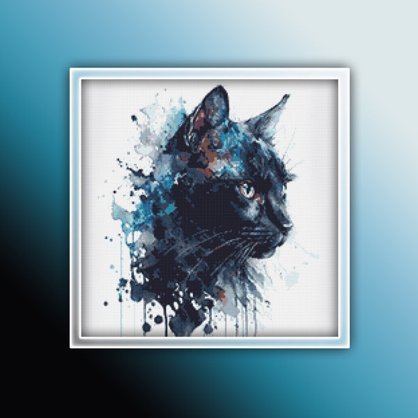 Black Cat Cross Stitch Pattern 2 Instant PDF Download - Black Cat Watercolor Cross Stitch Pattern - Animal Cross Stitch Pattern