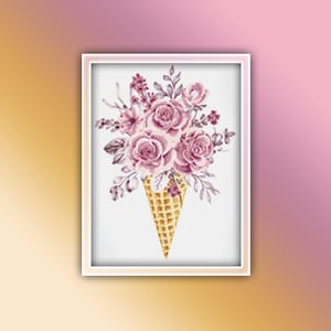 Rosa Rose Eiscreme Kreuzstichmuster Sofort PDF Download - Rosen Aquarell Kreuzstichmuster