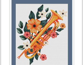 Trumpet Cross Stitch Pattern 2 Instant PDF Download - Music