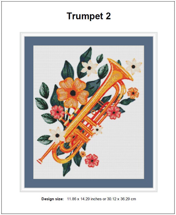 Trumpet Cross Stitch Pattern 2 Instant PDF Download - Music