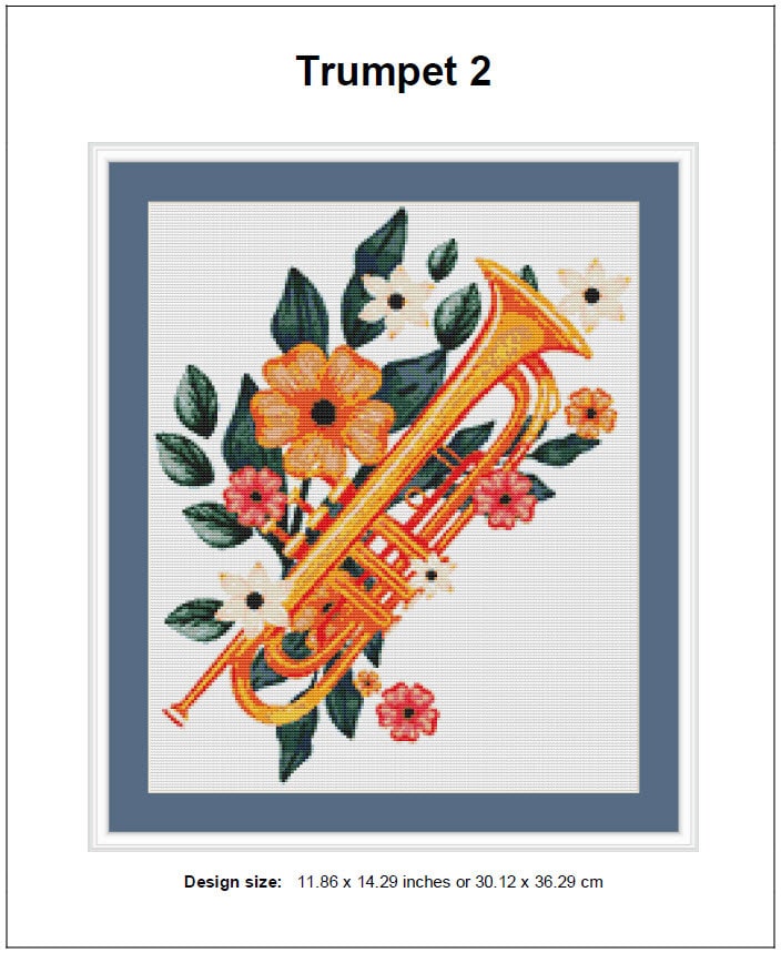 オリジナル自作絵 絵画 sawatari_doodles【Trumpet】 Trumpet Cross Stitch Pattern 2 Instant PDF Download - Music