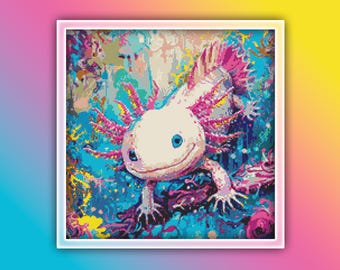 Patrón de punto de cruz de ajolote 4 Descarga instantánea en PDF - Patrón de punto de cruz de acuarela de ajolote blanco y rosa - Patrón de punto de cruz de animales