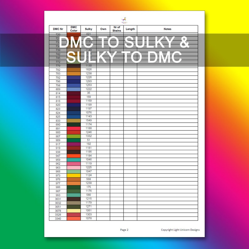 May include: A chart with DMC thread numbers and corresponding Sulky thread numbers. The chart is titled "DMC to Sulky & Sulky to DMC".