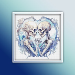 May include: Two skeletons embrace within a heart-shaped frame, their bones intertwined. The image is rendered in a blue and white color palette, creating a romantic and ethereal aesthetic.