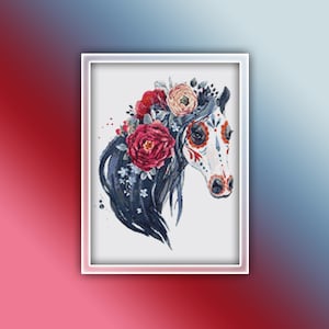 Day of the Dead Horse Cross Stitch Pattern 1 Instant PDF Download - Horse Watercolor Cross Stitch Pattern - Animal Cross Stitch Pattern