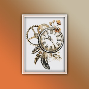Steampunk Feather Clock Cross Stitch Pattern 1 Instant PDF Download - Steampunk Watercolor Cross Stitch Pattern - Feathers Cross Stitch