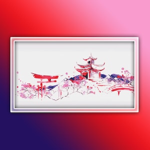 Japan Cross Stitch Pattern Instant PDF Download - Tree Watercolor Cross Stitch Pattern - Japanese Landscape Cross Stitch Pattern