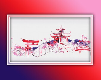 May include: A watercolor painting of a Japanese landscape with a red pagoda, a torii gate, and cherry blossoms. The painting is framed in a white frame.