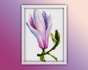 Magnolia Flower Cross Stitch Pattern 1 Instant PDF Download - Magnolia Flower Watercolor Cross Stitch Pattern