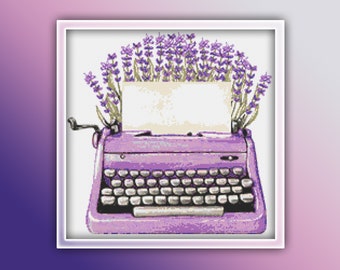 Purple Typewriter Cross Stitch Pattern 1 Instant PDF Download - Typewriter Watercolor Cross Stitch Pattern -
