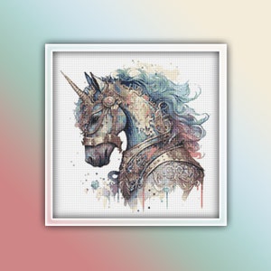 Armored Unicorn Cross Stitch Pattern 1 Instant PDF Download - Horse Watercolor Cross Stitch Pattern - Animal Cross Stitch Pattern