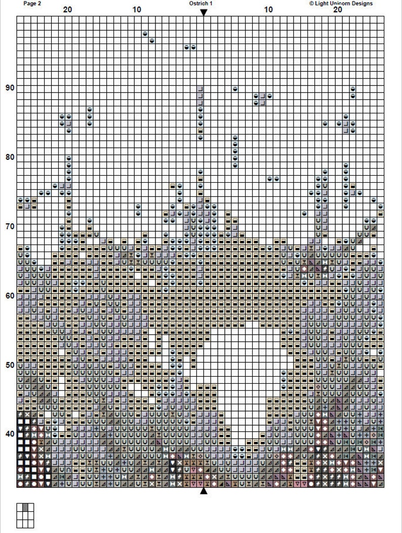 May include: A cross-stitch pattern chart with a grid of squares, featuring a design of an ostrich. The color palette includes shades of brown, grey, and white. The chart includes the text "Page 2", "Ostrich 1", and "Light Unicorn Designs".