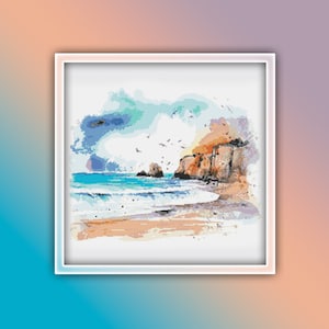 Beach Landscape Cross Stitch Pattern 2 Instant PDF Download - Warm Sunny Beach Watercolor Cross Stitch Pattern - Ocean and Waves