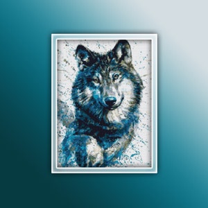 May include: A blue and white abstract painting of a wolf's head. The wolf is looking directly at the viewer with a serious expression. The background is a white canvas with blue paint splatters.