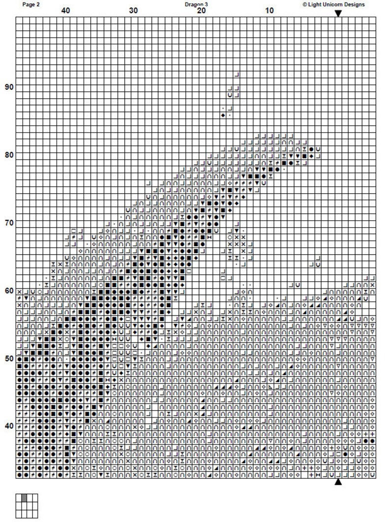 May include: Black and white cross stitch pattern for a dragon with a detailed design. The pattern is on a grid with numbers and symbols.