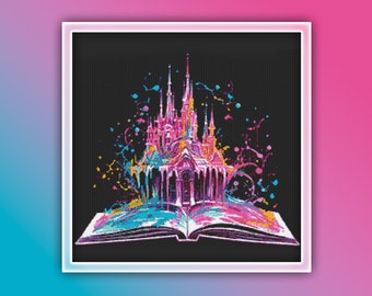 Fairy Tale Book Cross Stitch Pattern 2 Instant PDF Download - Reading Watercolor Cross Stitch Pattern - Book with Castle