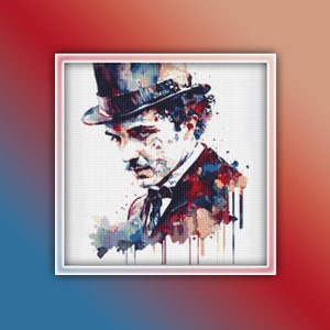 Puede incluir: Una pintura de acuarela de un hombre con un sombrero de copa negro y un traje. La pintura está hecha en tonos de azul, rojo y blanco.