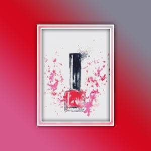 Op de afbeelding: Een rode nagellak fles met een zwarte dop, omringd door roze en witte aquarel spatten.