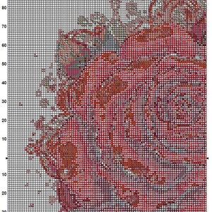 K&ouml;nnte beinhalten: Ein Kreuzstichmuster f&uuml;r eine rote Rose mit einem detaillierten Design. Das Muster befindet sich auf einem Raster mit Nummern f&uuml;r jede Farbe.