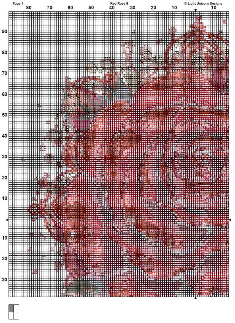 K&ouml;nnte beinhalten: Ein Kreuzstichmuster f&uuml;r eine rote Rose mit einem detaillierten Design. Das Muster befindet sich auf einem Raster mit Nummern f&uuml;r jede Farbe.