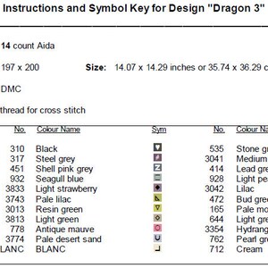 May include: A cross stitch pattern chart for a dragon design. The chart includes a symbol key with DMC thread colors and numbers. The design is 197 stitches wide by 200 stitches high and measures 14.07 inches by 14.29 inches.