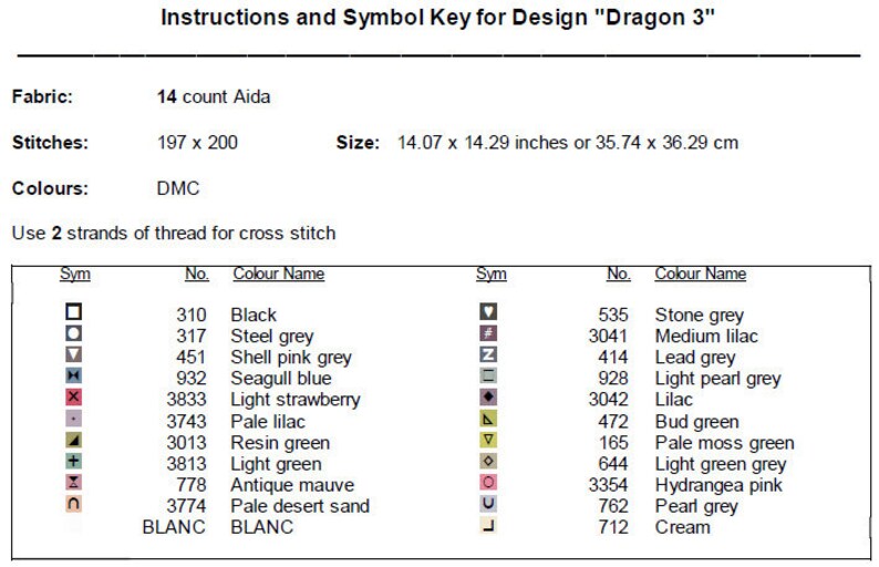 May include: A cross stitch pattern chart for a dragon design. The chart includes a symbol key with DMC thread colors and numbers. The design is 197 stitches wide by 200 stitches high and measures 14.07 inches by 14.29 inches.