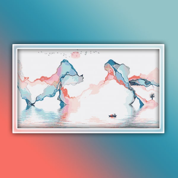 Japanese Landscape Cross Stitch Pattern 11 Instant PDF Download - Mountains Watercolor Cross Stitch Pattern - Japan Cross Stitch Pattern